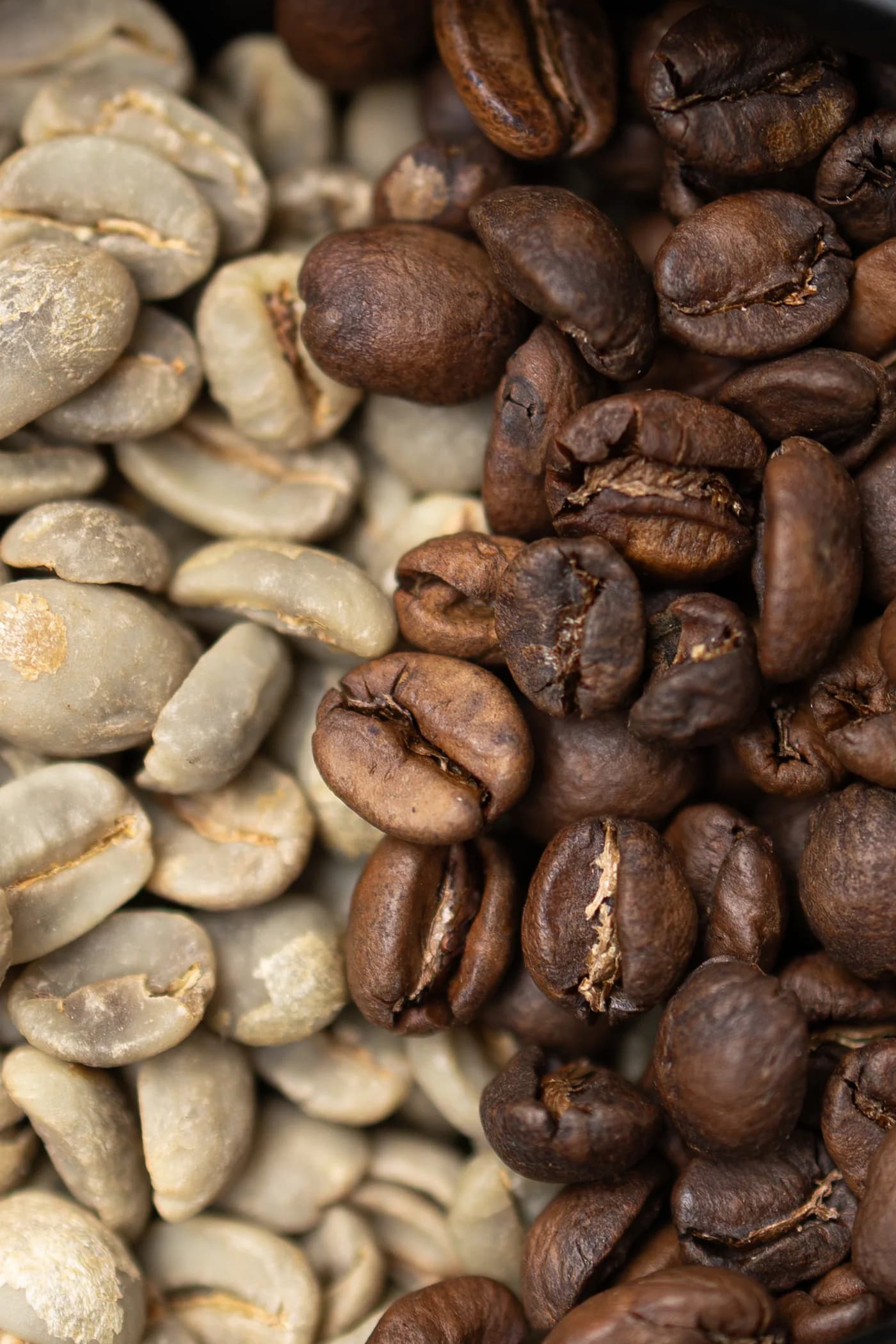 Grãos de café verdes e torrados misturados, mostrando o contraste antes e depois da torra